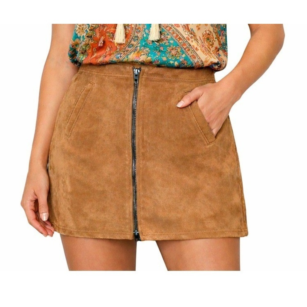 BlankNYC Tan Brown 100% Suede Leather Zip Front Mini Skirt Sz 12/31 Boho Chic